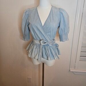 Polo Ralph Lauren Cotton Chambray Wrap Peplum Top Puff Sleeve Belted Blue S